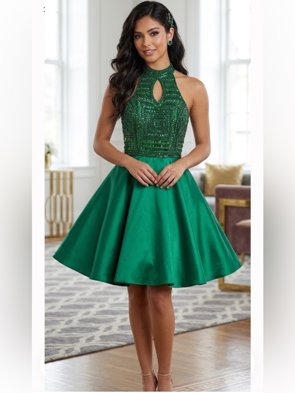 Milano Formals Emerald Green Halter Sequin Bodice Fit-and-Flare Dress